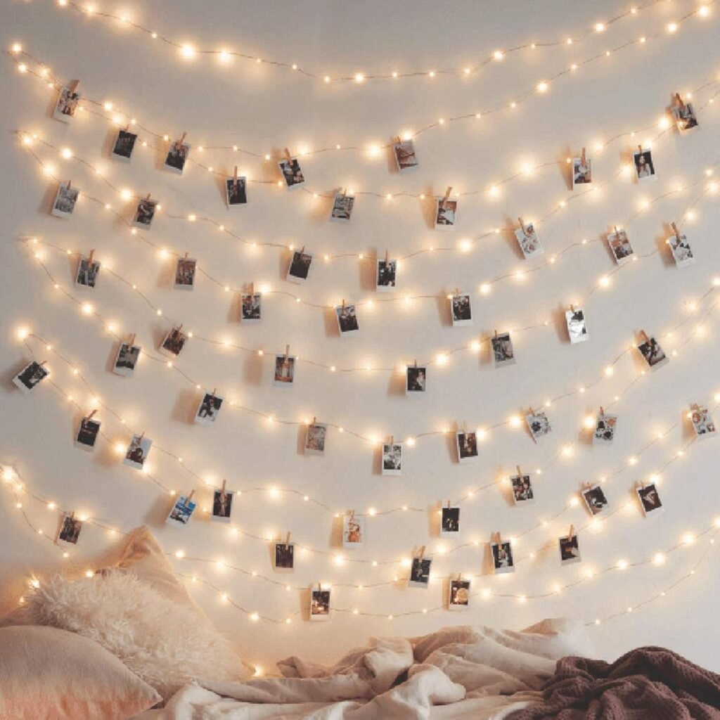 fairy lights in college dorm room