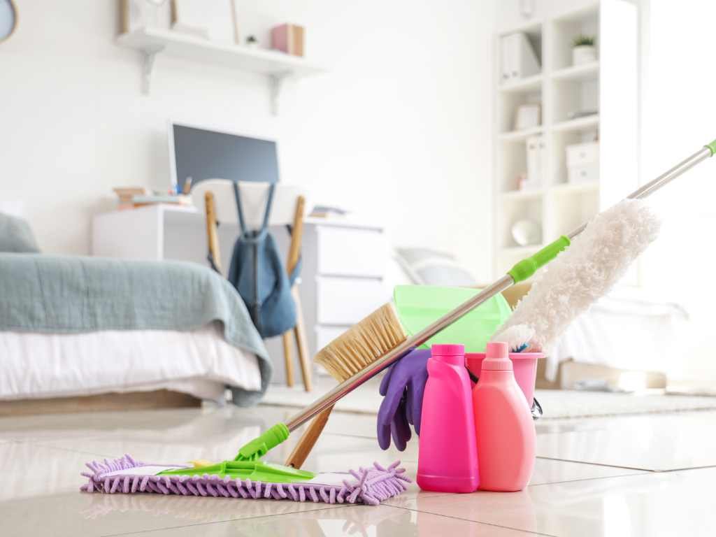 cleaning materials for a college dorm room