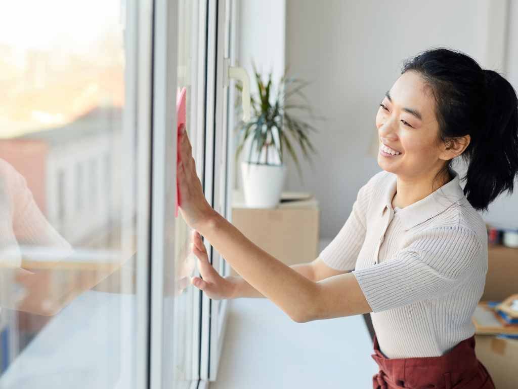 college student cleaning her windows