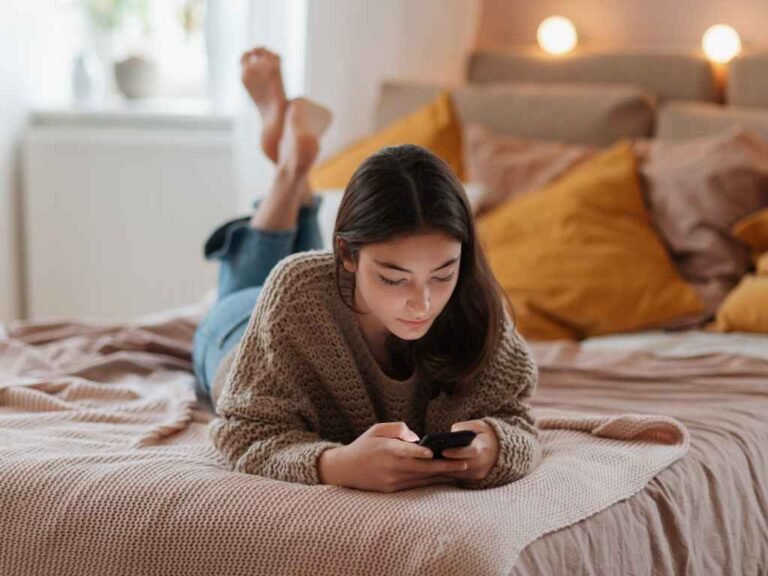 teenager girl with dark hair texting on top of a bed