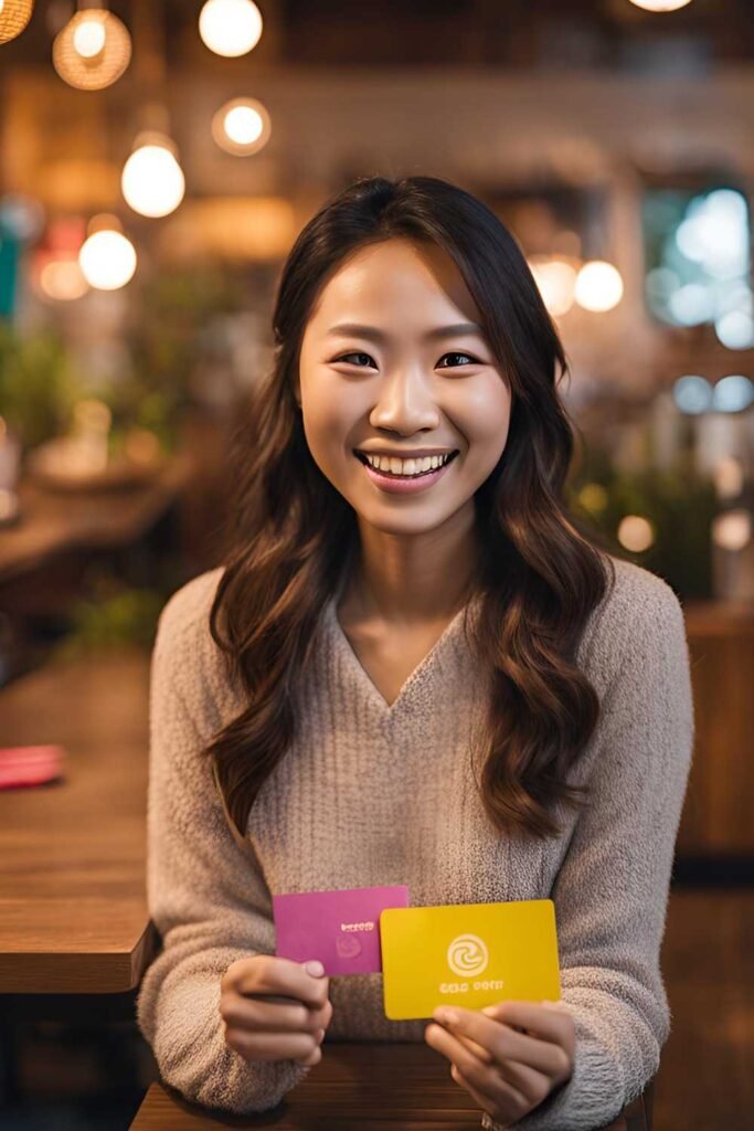 young asian woman smiling at the coffee shop holding her gift cards