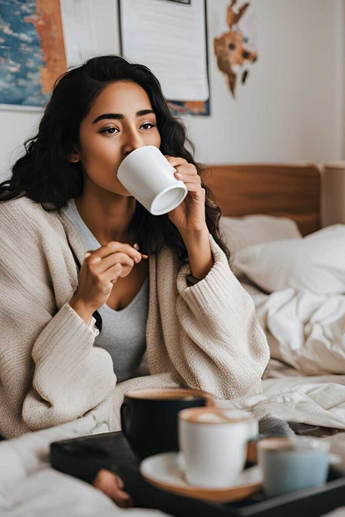 curly haired latina woman drinking coffee on her bed