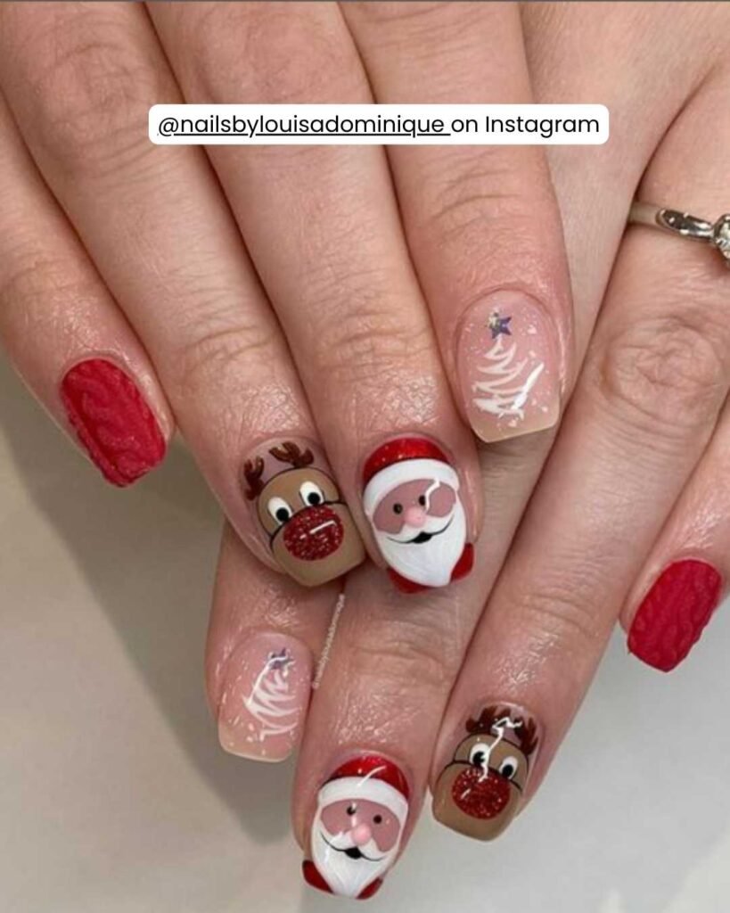 Adorable nails with Santa and reindeer designs paired with cozy red knit textures and a subtle Christmas tree.