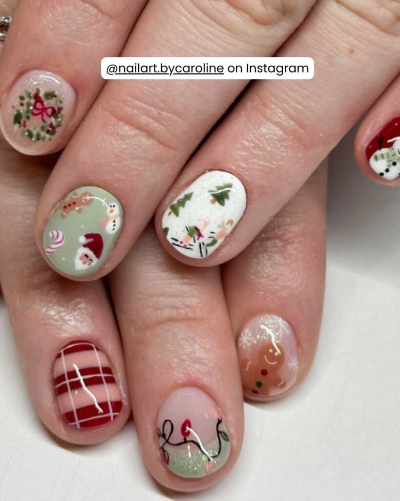 Whimsical nails featuring wreaths, snowmen, candy canes, plaid, and string lights in pastel and red tones.