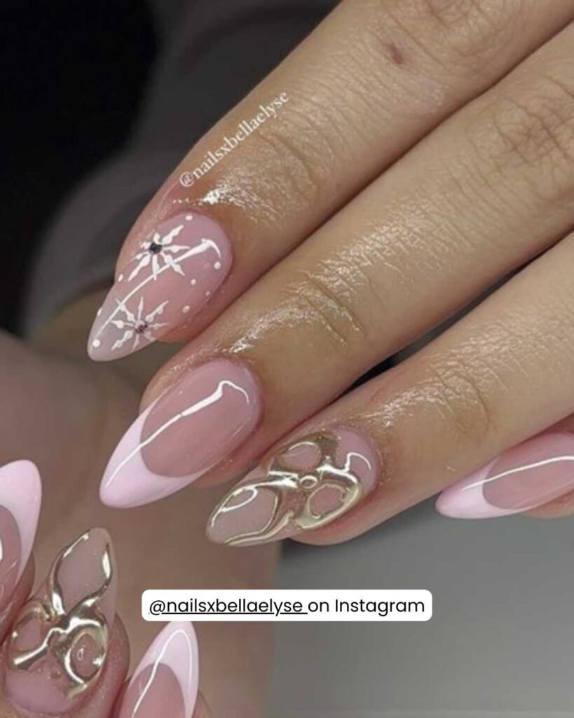 Feminine nails with glittery gold gradients, minimalist starbursts, and candy cane stripes on a pink base.
