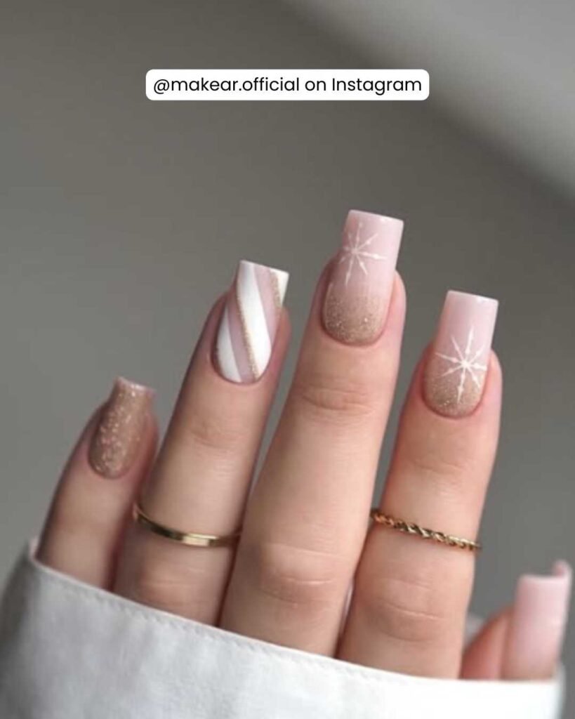 Feminine nails with glittery gold gradients, minimalist starbursts, and candy cane stripes on a pink base.