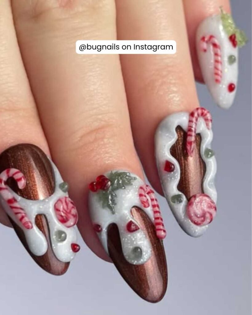 Metallic copper nails with 3D candy canes, peppermint swirls, and dripping icing details.