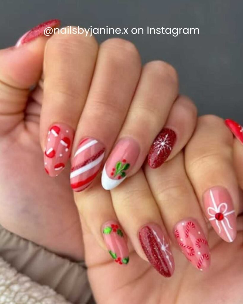 Festive nails featuring candy cane stripes, glittery red accents, holly, and snowflake patterns.