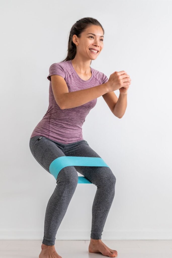 young brunetter woman using resistance bands on her legs