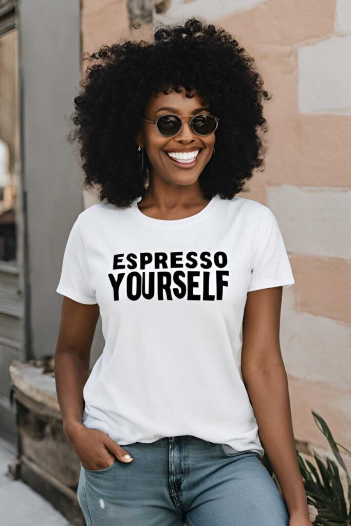 black woman wearing shades and a white tshirt that says ESPRESSO YOURSELF 