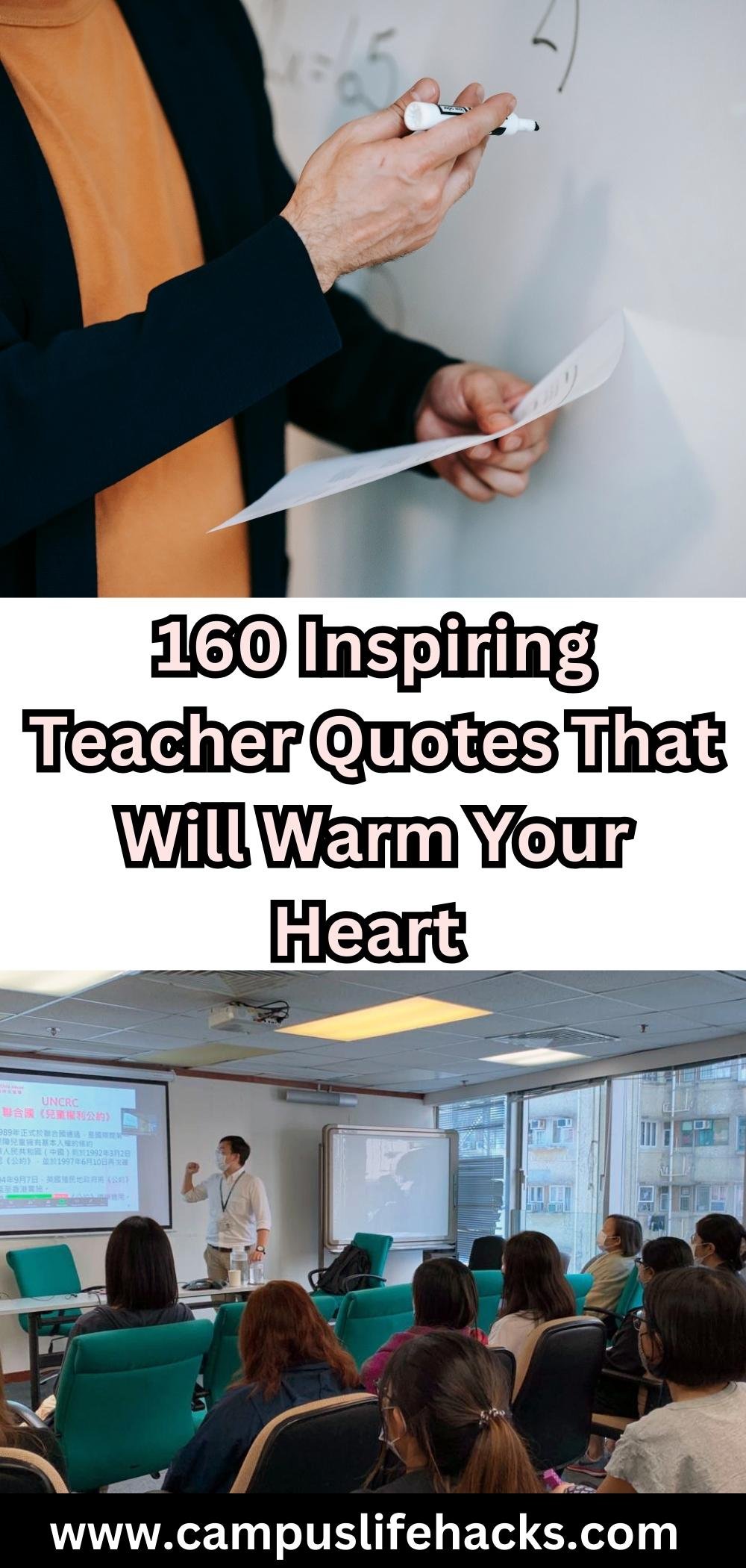 The first picture shows a person holding a marker and a piece of paper. The second picture shows a teacher using a projector to teach in front of a group of students.