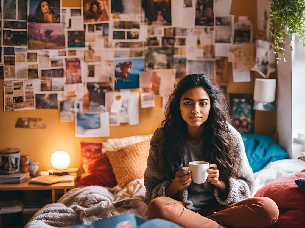 young latina woman drinking coffee inside her dorm room on her bed