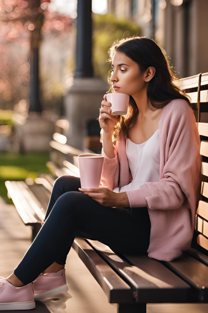 young college student sitting on a park bench with a coffee mug and a tumbler