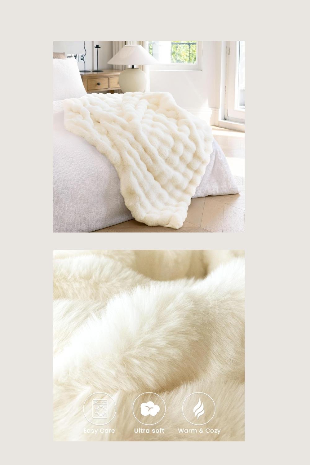 A fuzzy blanket spread out on a bed.