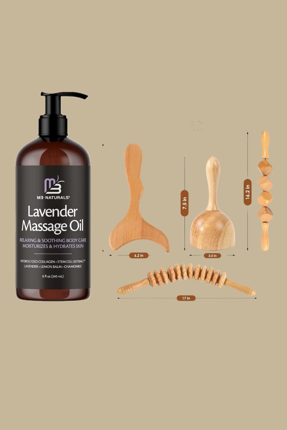 massage oil and handheld wooden massagers