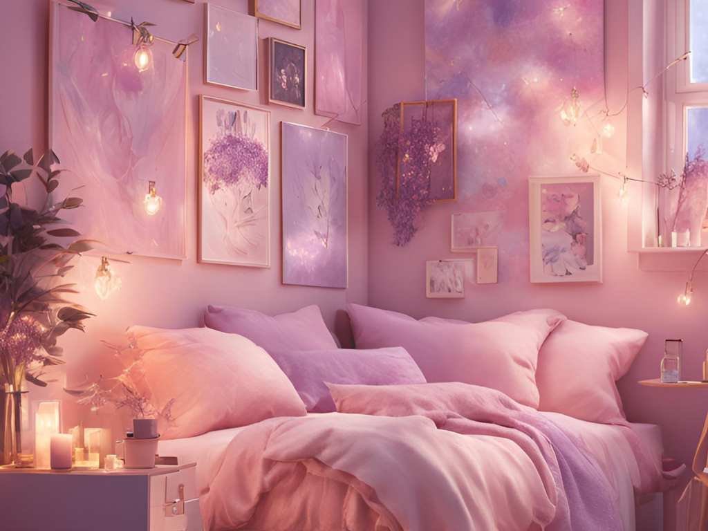 pink and lavender dorm room for girls with fairy lights