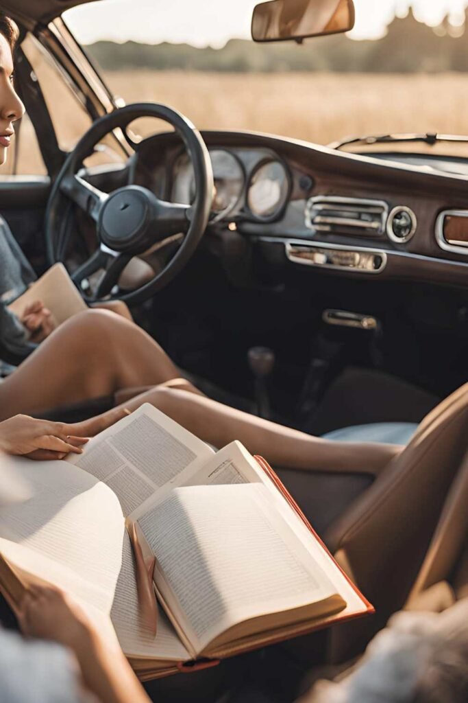 woman studying inside her car