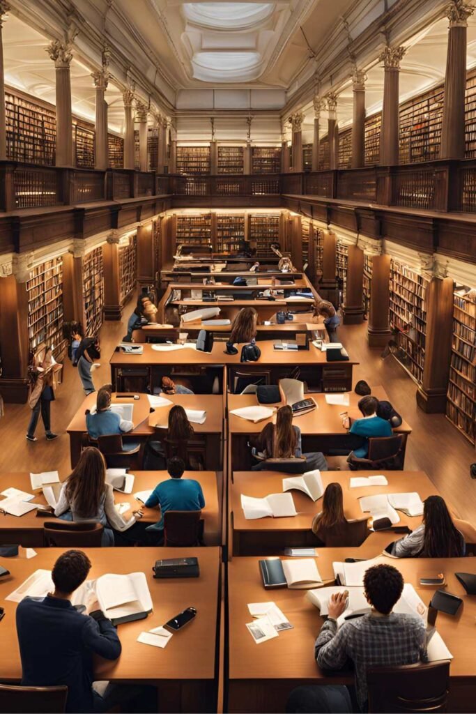 luxury library with students studying