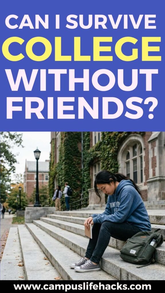 A photograph of an Asian female college student sitting alone and looking sad on the wide stone steps of a university building. She has her dark hair tied back in a low ponytail, is wearing an oversized blue hoodie, black jeans, and grey canvas sneakers. She sits with her head downcast, holding a small notebook in her hands, with a green backpack resting on the step next to her. In the blurred background, other students walk along a campus path beneath trees with early autumn foliage, and a historic brick building covered in ivy rises behind her.