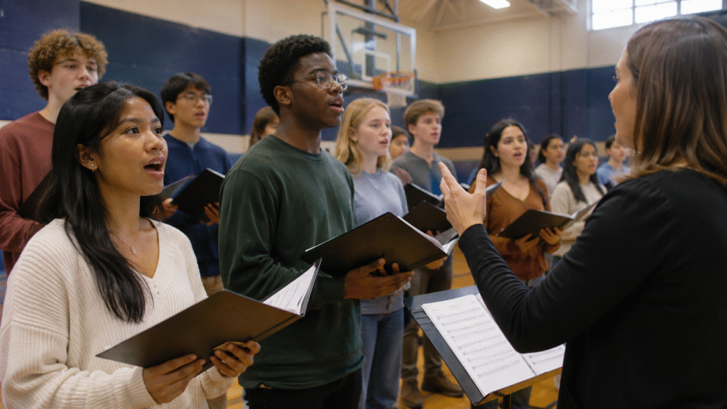 A Filipina college student sings with a diverse choir of students during rehearsal in a basketball gymnasium while a teacher conducts the group. The students wear casual outfits in various colors and hold choir folders as they perform under bright indoor lighting.