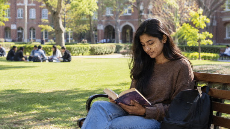female sitting alone reading a book on a park bench