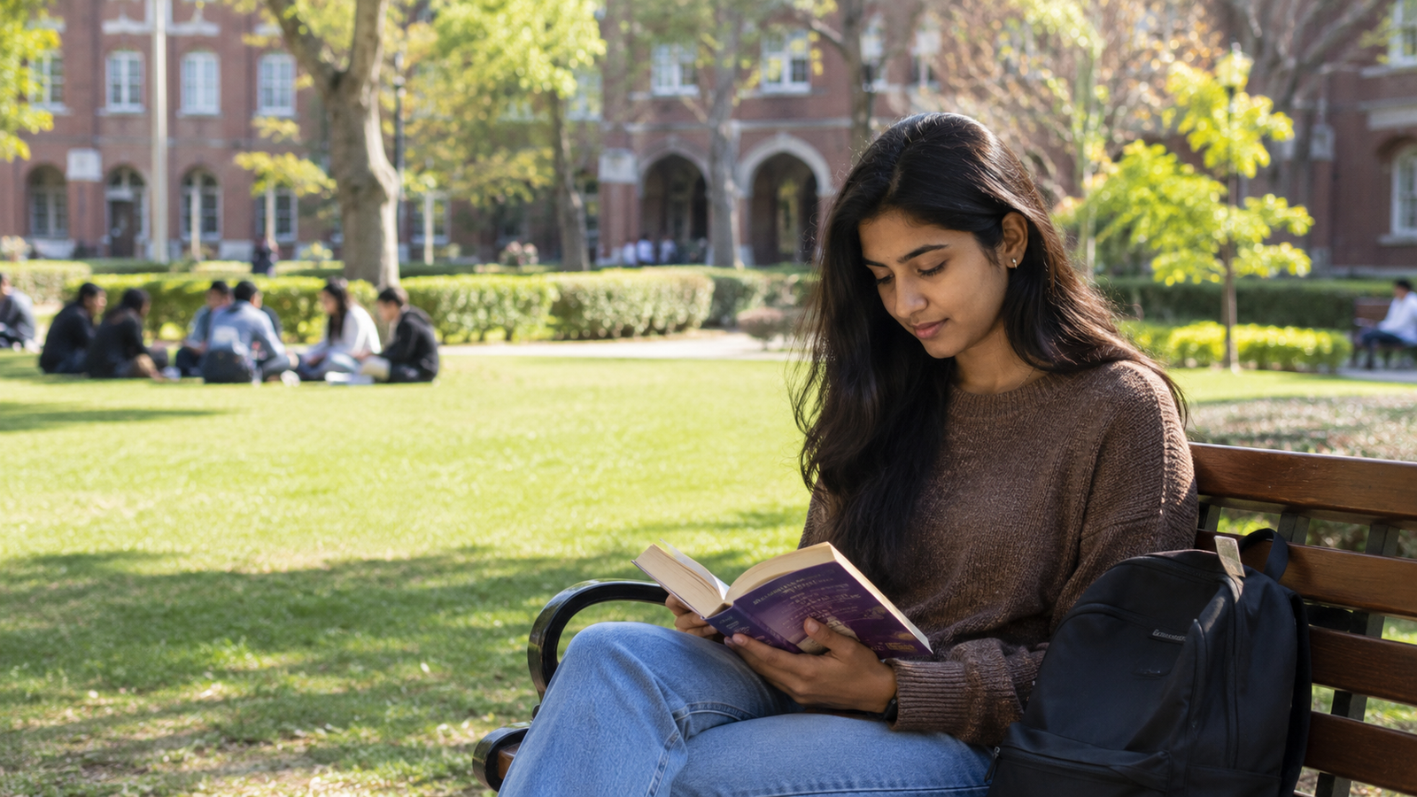 female sitting alone reading a book on a park bench