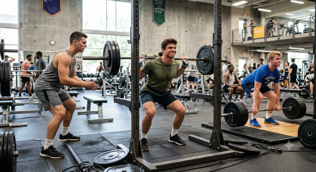 A photograph of several college students working out with heavy weights in a large university gym. In the foreground, one Caucasian male student in a green t-shirt performs a barbell squat in a power rack, while another Caucasian male student in a grey tank top spots him. To their right, a third male student in a blue t-shirt and shorts prepares to deadlift a barbell from the floor on a lifting platform. Other students work out at various machines and benches in the background, which is filled with weightlifting equipment and natural light from large windows. Banners hang high on the concrete walls above.