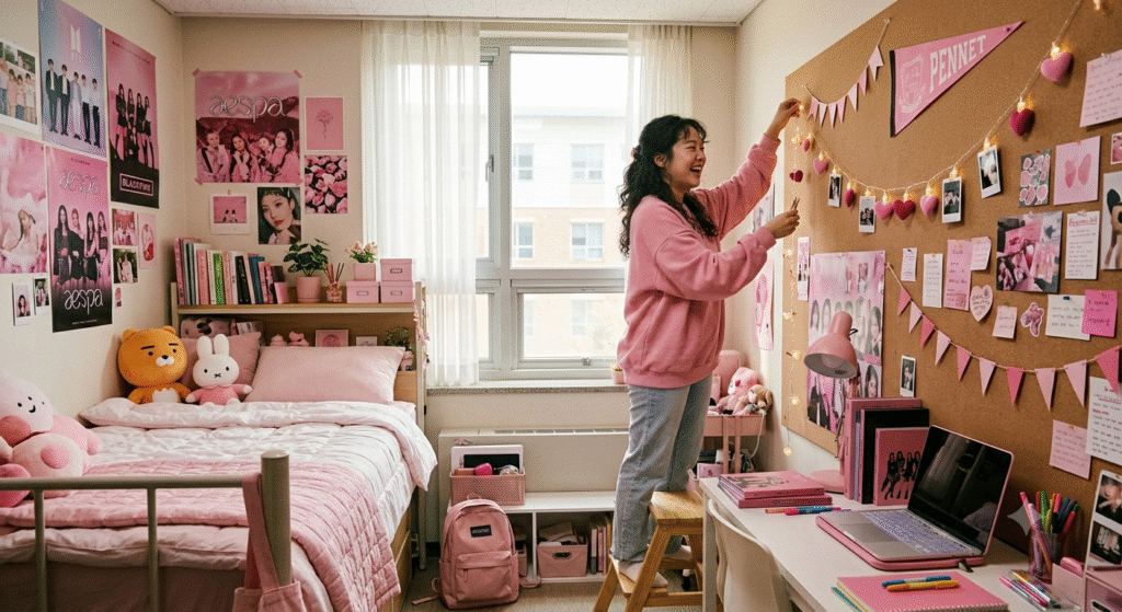 A realistic, wide-angle photograph of a young female Korean student with long, curly hair, happily decorating her vibrant pink dorm room during the daytime. The room is filled with K-pop aesthetics: the walls are densely covered with posters featuring groups like BTS and Aespa, plus multiple photos and notes. The student, wearing a pink oversized sweatshirt and light blue jeans, is standing on a small wooden step stool and smiling as she pins up a string of warm fairy lights with small pink hearts and Polaroids to a large corkboard on the right. Her bed on the left is covered in a pink quilted comforter, pink and white bedding, and plush toys including a large yellow bear and white rabbit. Next to the bed are shelves packed with pink books, boxes, and plants. On the right, a white desk holds a laptop, notebooks, pens, and a pink desk lamp, with a pink backpack on the floor. Natural daylight streams through a window in the center background, illuminating the colorful, personalized space.