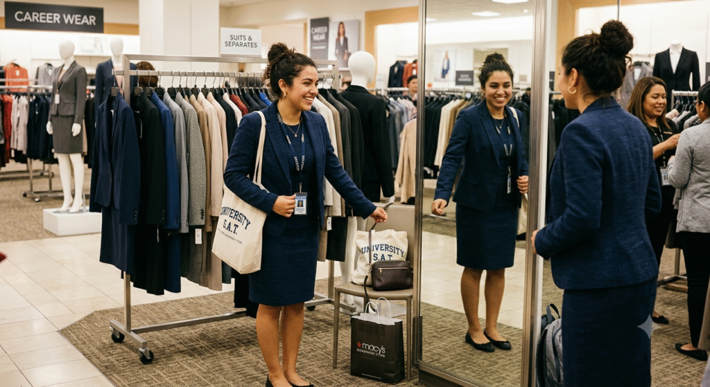 A photograph of a young Latina college student shopping for professional attire in a clothing store's "Career Wear" department. She has her curly hair styled in a high bun and is smiling as she tries on a professional navy blue skirt suit. She stands in front of a full-length mirror, holding the hanger of another clothing item, while her reflection is visible. She wears a university lanyard with an ID badge and carries a canvas tote bag that reads "UNIVERSITY S.A.T.". In the background, clothing racks filled with suits, mannequins, and other shoppers are visible under bright store lighting.