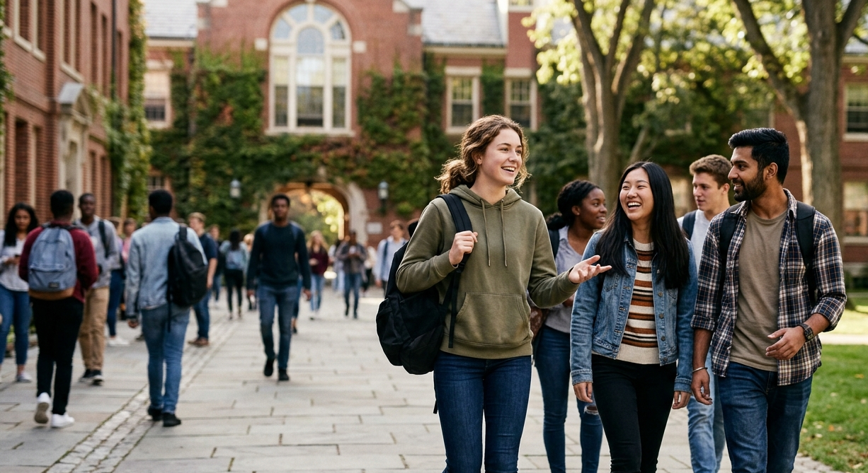 A photograph of a diverse group of teenage college students walking and chatting animatedly on a paved campus walkway during the day. In the foreground, a Caucasian female student with wavy brown hair, wearing a green hoodie and blue jeans, smiles and gestures while talking to her friends. Beside her walk an Asian female student in a denim jacket and a South Asian male student in a plaid shirt, both laughing and looking toward her. Other students walk in the background against a backdrop of historic brick campus buildings covered in ivy and green trees.