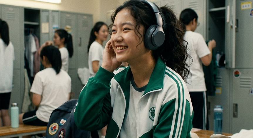 A realistic, wide-angle shot of a young Chinese female student sitting on a wooden bench inside a school locker room, looking happy and smiling brightly. She is wearing large, over-ear grey headphones, holding one side with her hand as she listens to music. She is dressed in a white t-shirt and a green and white athletic zip-up track jacket. Next to her on the bench is a dark blue backpack adorned with patches and a duffel bag. In the blurred background, other female students in matching white athletic shirts are interacting by rows of tall, light grey lockers, creating an authentic, lively locker room atmosphere.