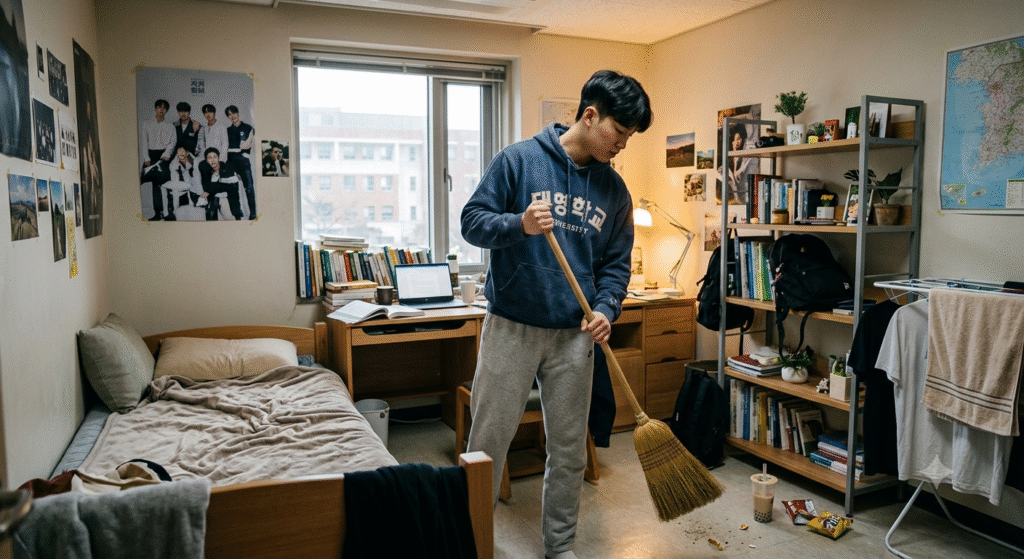 A realistic, wide-angle photograph of a young male Asian student diligently sweeping the floor of his dorm room. He is wearing a navy blue hoodie with Korean text and grey sweatpants. Holding a traditional straw broom with a wooden handle, he is focused on sweeping up some snack wrappers and debris near a half-empty boba cup on the floor. The room is lived-in, with a messy, unmade bed on the left, a wooden desk under a window with an open laptop and stacks of books, and a tall metal shelving unit on the right filled with textbooks and plants. K-pop posters and a map of Korea are pinned to the walls, and a clothes drying rack stands nearby, creating an authentic college dormitory environment.