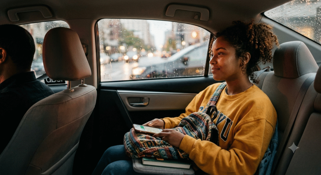 A realistic, wide-angle photograph from inside a car looking back at a young brown-skinned female student sitting in the rear passenger seat. She has curly brown hair tied up and a gentle smile as she gazes out the rain-streaked window at a blurry city street filled with warm vehicle lights at dusk. She is wearing a yellow sweatshirt with "NYU" lettering, and her lap holds a patterned backpack resting on top of a book and a laptop sleeve. She holds her smartphone in one hand, showing a map navigation interface. The driver's dark profile is partially visible in the front left seat, creating an authentic rideshare or taxi atmosphere.