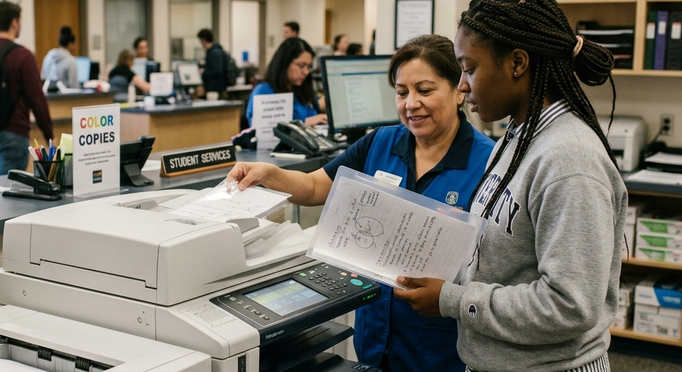 A realistic, wide-angle photograph taken in a busy campus student services office. In the foreground, a young Black female student with long braided hair, wearing a grey sweatshirt and jeans, stands at a counter next to a large office printer and photocopier. She is holding a clear plastic folder containing handwritten notes and looking on as a female staff member behind the counter helps her. The staff member, a middle-aged woman with dark hair tied back and wearing a blue polo shirt, is placing a sheet of paper into the scanner bed of the copier. In the background, other students and staff are visible at desks, and the office is well-lit with signs for "Student Services" and "Color Copies."