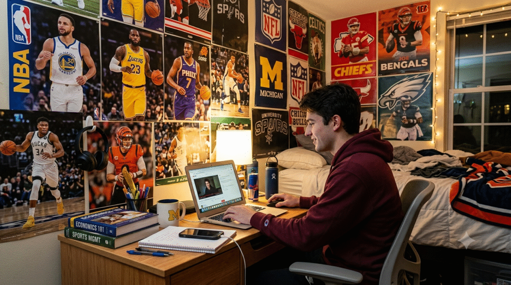 A realistic, wide-angle shot of a male college student sitting at a wooden desk in his dorm room, working on a laptop. The student, viewed from the side profile, is wearing a maroon hoodie and focusing on his screen. His desk is organized with textbooks, a notebook, a smartphone, pens, a mug, and a water bottle. The background walls are heavily decorated with colorful basketball and football sports posters featuring various athletes and team logos. To the right, a bed with a rumpled comforter and string lights hanging by the window completes the cozy, lived-in dorm atmosphere.