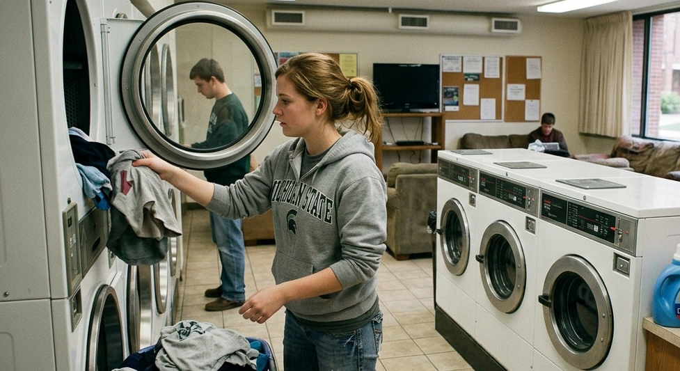 A realistic, wide-angle photograph of a young female Caucasian student, perhaps a teenager or early 20s, actively doing laundry in a university dorm common room laundry facility. The woman, with a low ponytail and wearing a grey Michigan State Spartans hoodie and blue jeans, is focused on putting wet clothes into a stackable front-loading washing machine on the left. A blue plastic laundry basket full of more clothes is at her feet. To her right, on a counter, sits a pink plastic basket filled with colorful folded towels and various detergent bottles. The background shows multiple other washing machines and dryers, and a shared common area with furniture, cork boards, and a window. Two other students, including a male and a female, are visible in the distance also utilizing the space, creating a lively, true-to-life dorm environment. Natural light comes from large windows, supplementing the fluorescent ceiling lights.