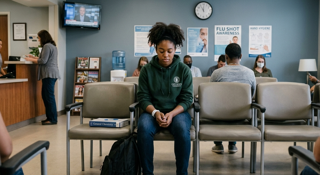 black female college student sitting in the hospital waiting room