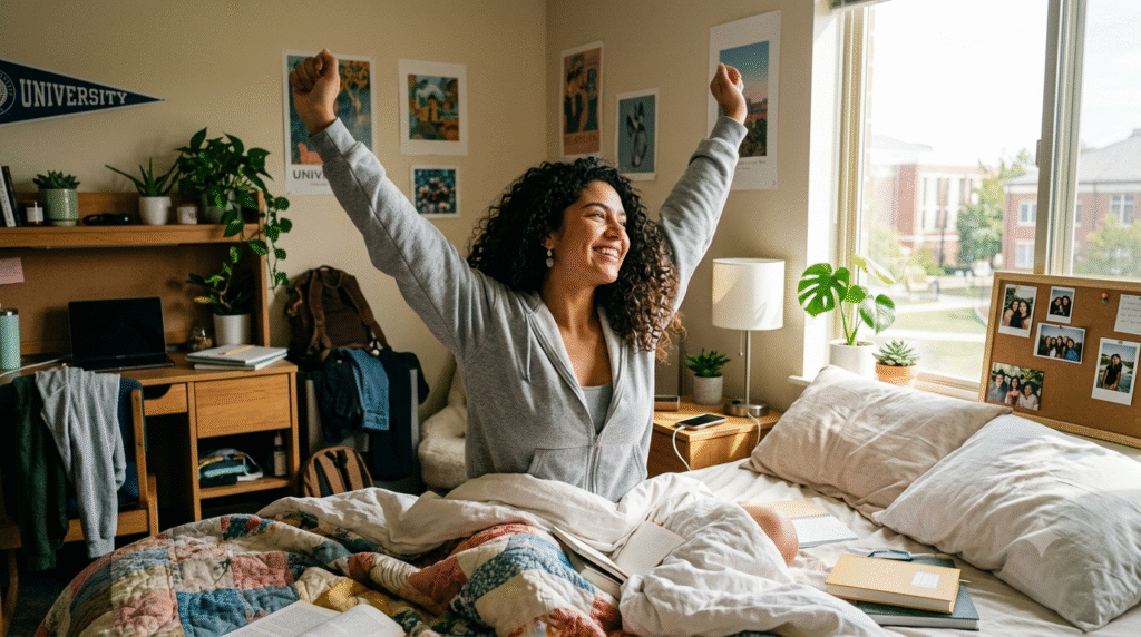 A bright and realistic, wide-angle shot of a young Latina college student with voluminous, curly brown hair waking up in her dorm room during the day. Sitting up in bed under a colorful quilted blanket, she is smiling and stretching both arms high in the air with closed fists, looking energized. Her bed is scattered with textbooks and notebooks. In the background, daylight streams through a large window overlooking other campus buildings. The cozy room features light beige walls decorated with art prints and a university pennant, a wooden study desk with a laptop to the left, potted plants, and a corkboard pinned with personal photographs near the bed.